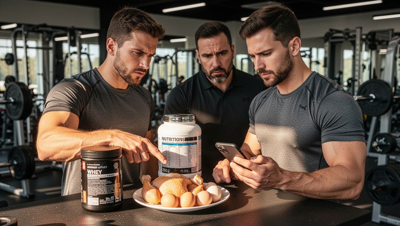 Serious male coach in gym pointing at protein food sources like chicken, eggs, and whey on a table, next to a lifter reviewing nutrition log on phone amid intense training equipment background.