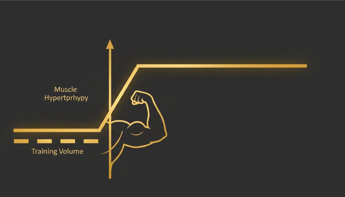 Clean graphic illustration of an inverted U-shaped dose-response curve showing training volume on the x-axis leading to rising then plateauing muscle hypertrophy on the y-axis. Bold gold curve on dark charcoal background with muscular arm silhouette, minimalist bodybuilding design.
