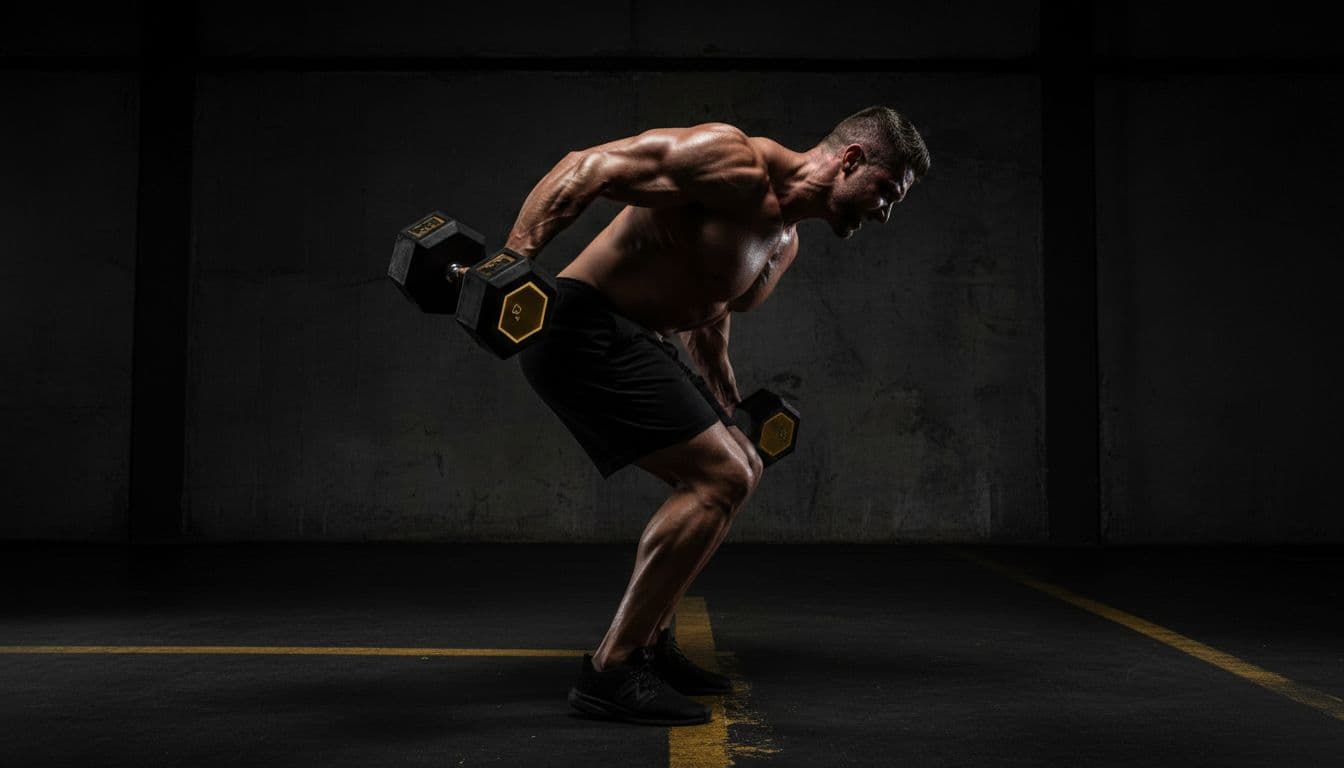 Muscular man in a dimly lit gym performing sloppy ego lifting lateral raises with overly heavy dumbbells, using wild torso swings for momentum, elbows flared, back arched, side profile emphasizing the form mistake.
