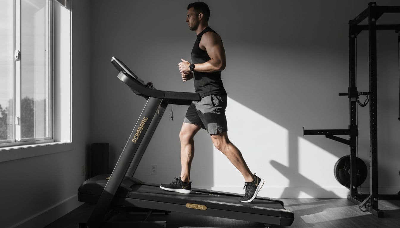 A fit man walks briskly on an inclined treadmill in a home gym, wearing casual athletic gear, in high-contrast black, white, charcoal, and gold tones with accents on shoes and incline.