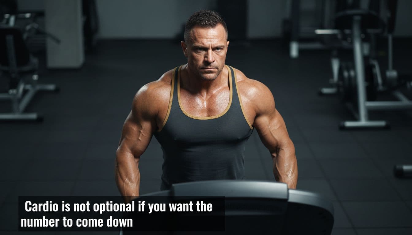 Serious male bodybuilder in mid-30s walking briskly on incline treadmill in modern gym, tank top with gold trim, sweat on skin, intense focused expression, high contrast realistic lighting, simple composition.