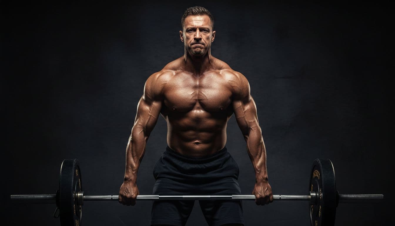 Serious focused muscular man in mid-30s performs heavy barbell deadlift with perfect form in dimly lit gym, sweat glistening, veins popping, intense expression under dramatic spotlights.