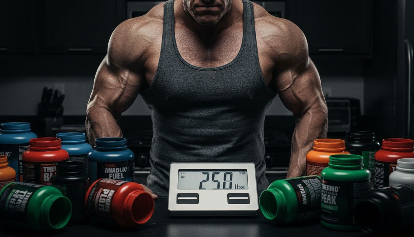 A serious male bodybuilder in his late 20s looks frustrated at a digital scale showing stalled weight on a messy kitchen counter cluttered with empty supplement tubs and bottles, muscular build in tank top, realistic high-contrast dramatic lighting.