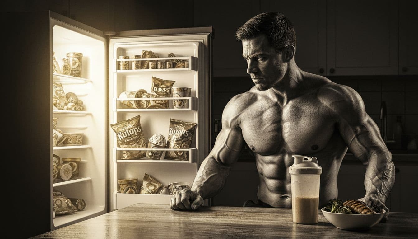 Muscular lifter in his 30s sits at a night-time kitchen table, staring frustrated at an open fridge stocked with junk food like chips and ice cream, while a protein shake waits on the counter.