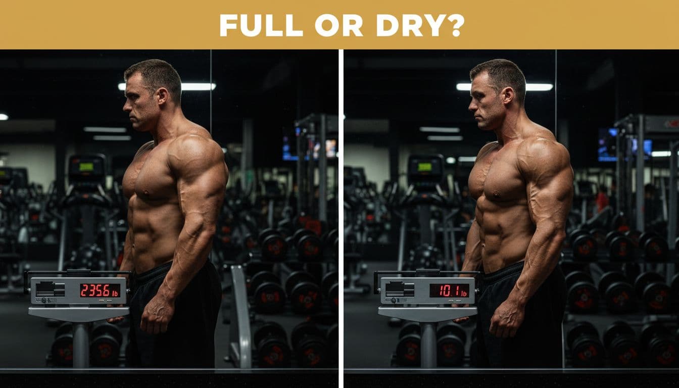Serious muscular male bodybuilder in well-lit gym mirror selfie, left profile fuller bloated physique with high scale reading, right leaner drier vascular with low scale, high-contrast split composition dynamic lighting.