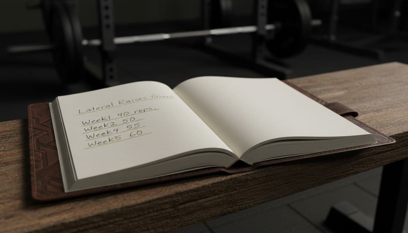 Realistic close-up of an open gym training logbook on a wooden bench, showing handwritten pencil notes for Lateral Raises Giant Set progression: Week1 40 reps to Week5 60 reps, with subtle gold ink highlights, sharp focus on page, blurred dark gym background.