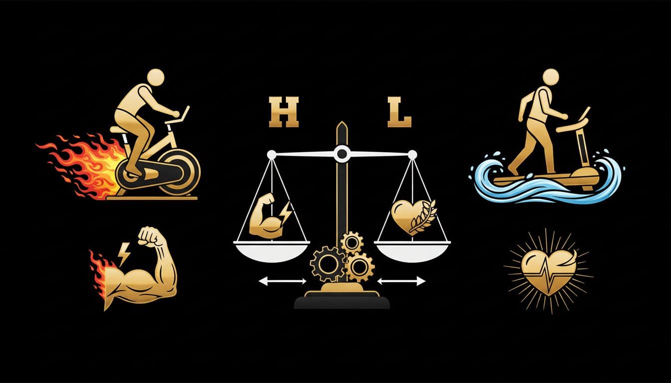 Clean vector illustration comparing HIIT and LISS for physique goals, with explosive sprint icons on the left balanced against steady walk icons on the right, central scale featuring muscle, heart, and recovery symbols in high-contrast black, white, and gold.