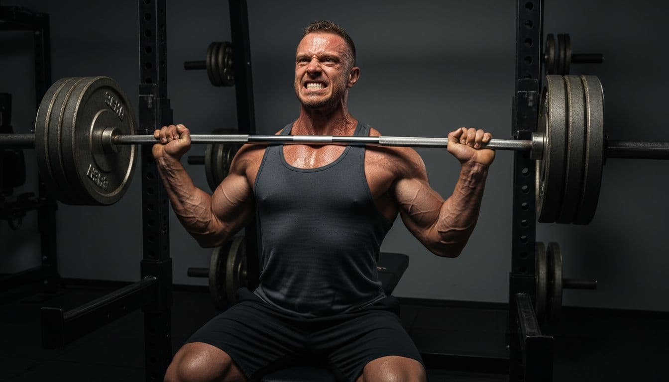 A serious mid-30s natural male lifter performs a heavy barbell bench press in a gym power rack, veins popping with sweat on his face and intense grit expression under dramatic side lighting.