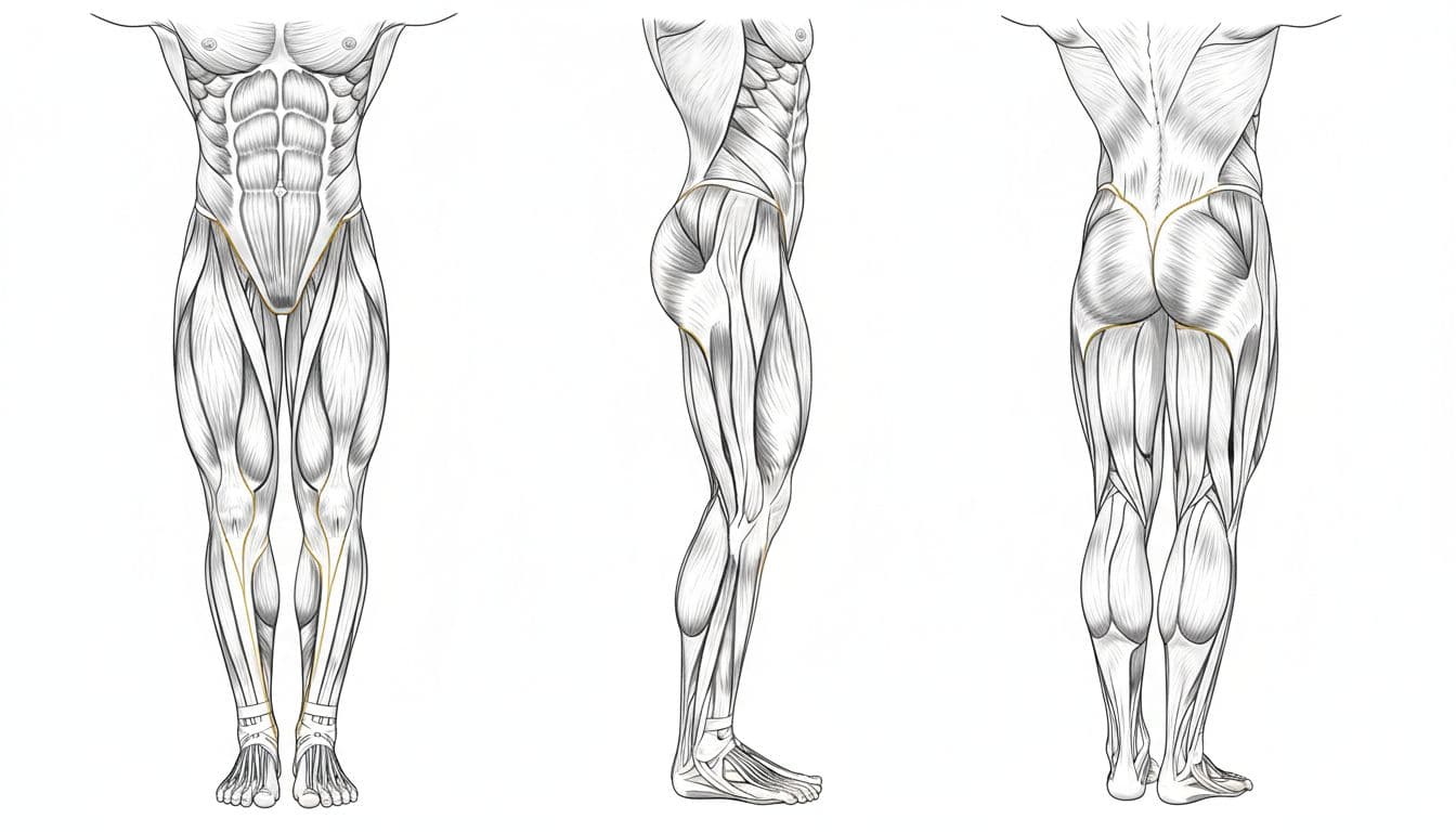 Anatomical diagram showcasing quads, hamstrings, adductors, and glutes from front, side, and back views in a clean style with subtle shading and gold accents. Realistic bodybuilder proportions on a white background, no labels or watermarks.