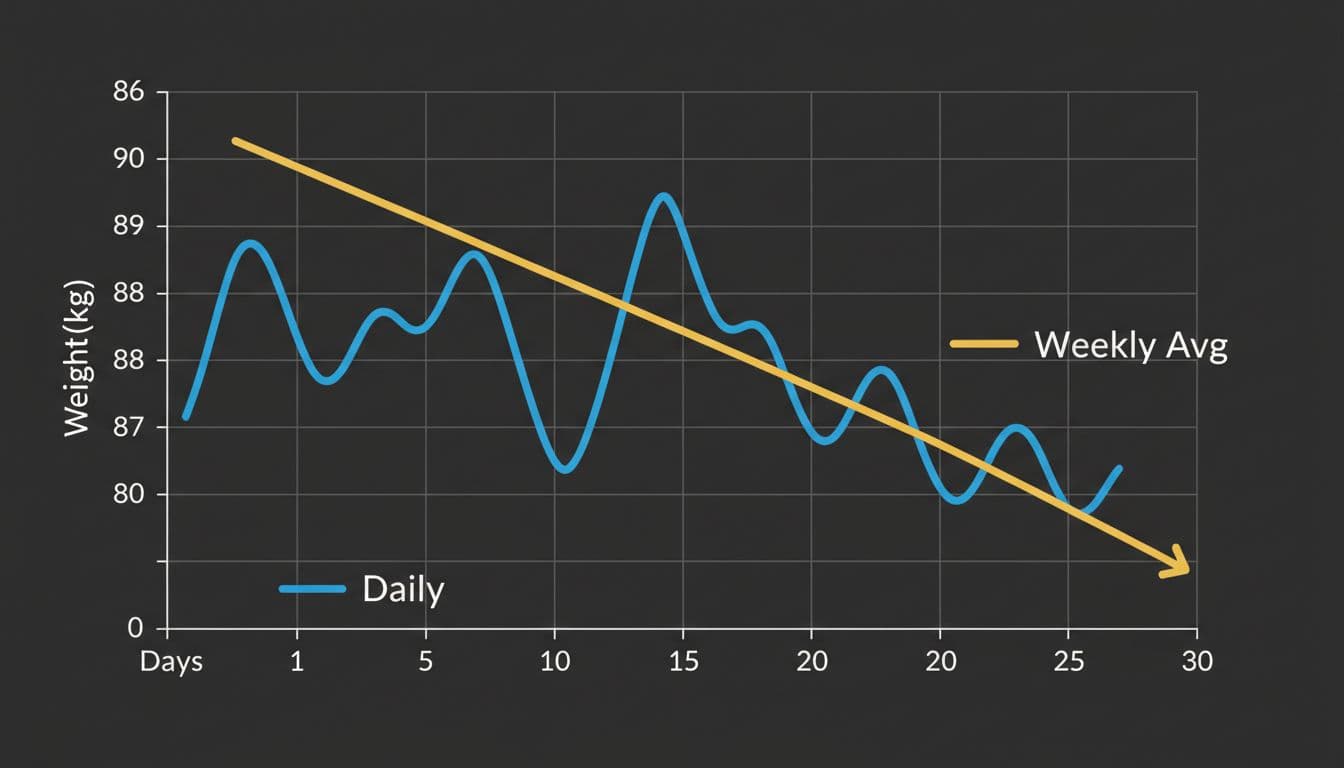 A clean line graph on charcoal background illustrates daily bodyweight fluctuations in blue and a steadily declining weekly average in gold from 90kg to 86kg over 30 days, aiding in distinguishing progress from noise.