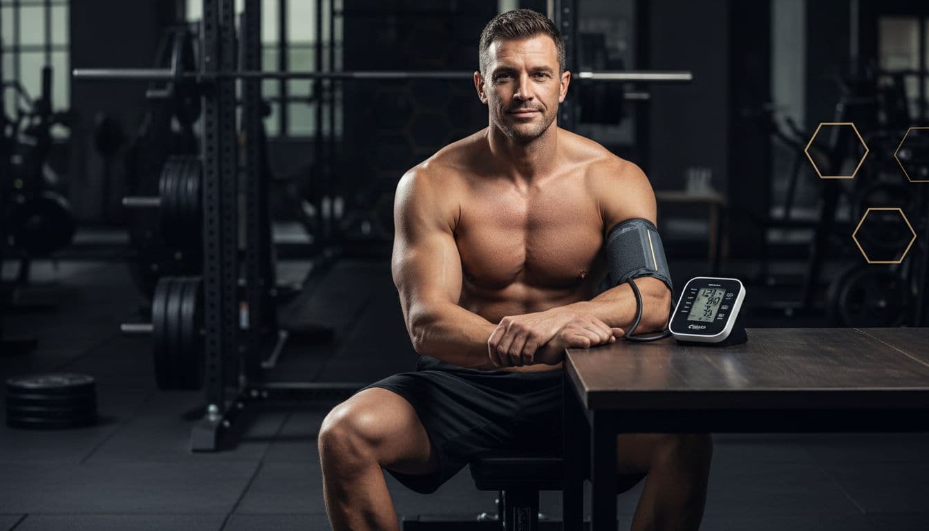 Muscular male athlete in his 30s seated correctly in a home gym for blood pressure reading, with feet flat on floor, right arm at heart level on table, inflated validated upper arm cuff, relaxed face, high-contrast lighting, and premium bodybuilding aesthetic.