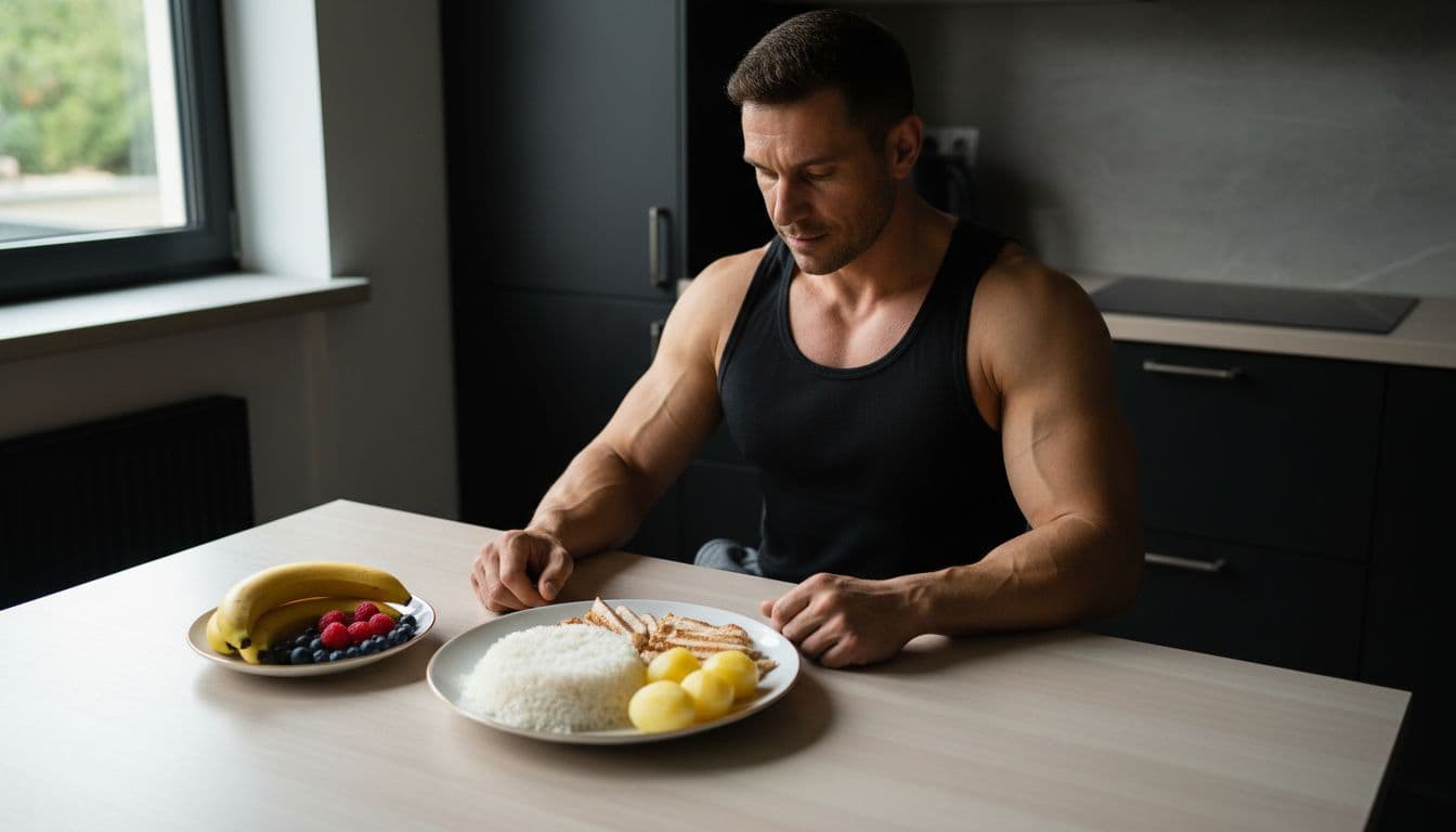 A lean, muscular male athlete in his 30s sits at a simple wooden kitchen table, ready to eat a high-carb refeed meal of steamed white rice, grilled chicken breast, boiled potatoes, bananas, and berries. Focused expression in gym tank top and shorts, clean modern kitchen with high-contrast lighting and bodybuilding aesthetic.