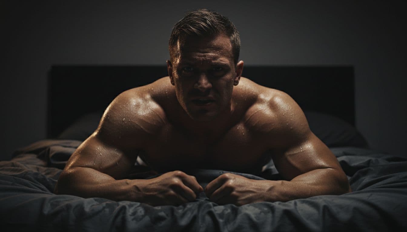 A muscular male athlete lies drenched in sweat in a dark bedroom at night, tense expression with soaked sheets, captured in high-contrast lighting focused on torso and face.