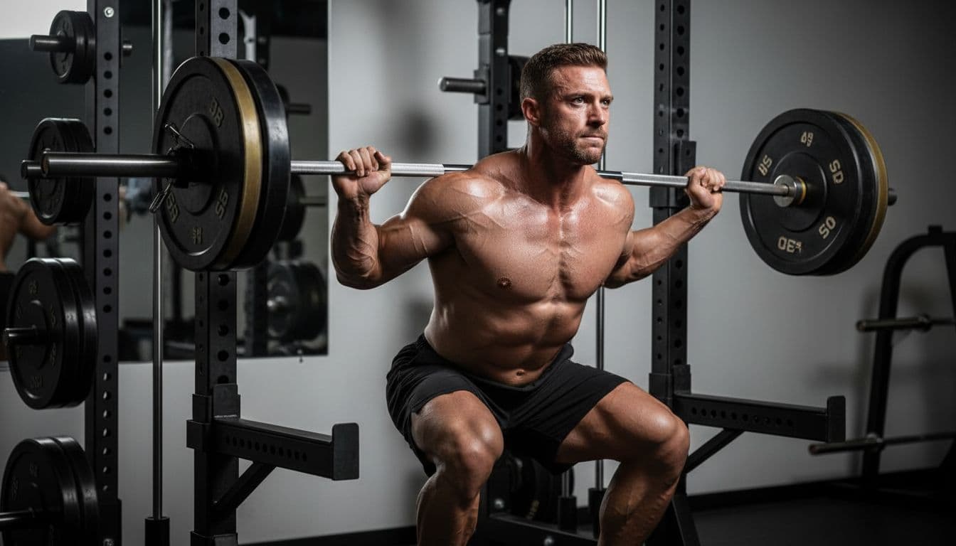 Muscular serious male bodybuilder in his 30s performing heavy barbell back squat mid-rep with intense focus, sweat, and veins in a clean modern gym.