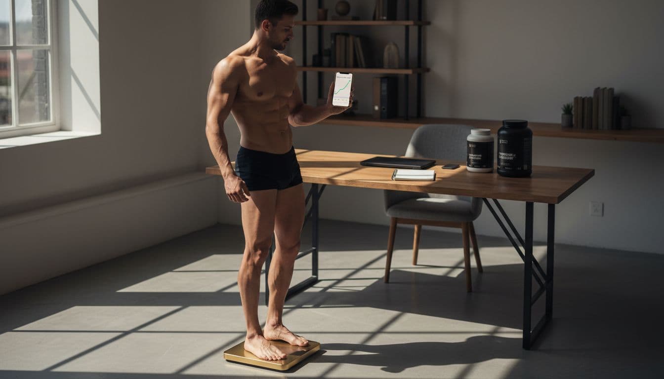 A serious muscular male lifter stands on a scale in his home office, holding his phone to view a weekly weight trend graph, with a simple desk background featuring protein containers and a notebook under morning natural light.