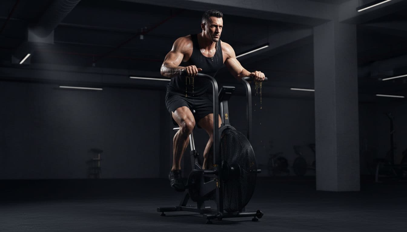A muscular man in his 30s performs intense HIIT bike sprints in a dimly lit modern gym, sweat dripping, focused expression, black tank top, strong legs pushing hard with high contrast shadows in black, white, and gold tones.