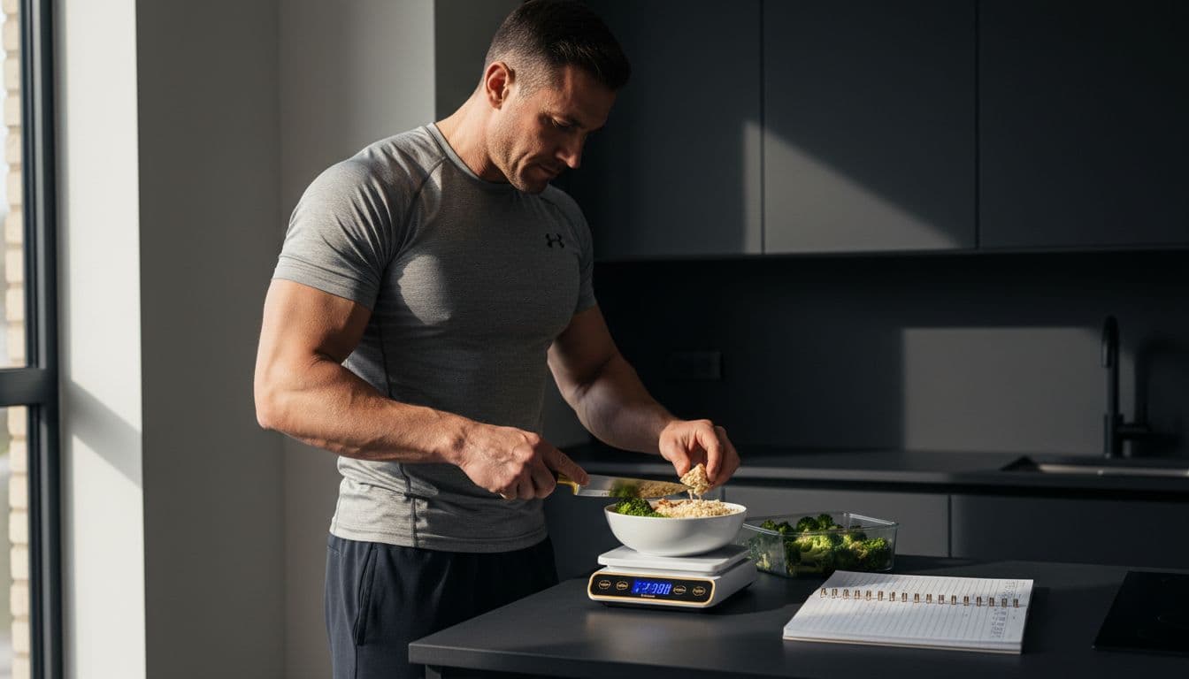 A focused muscular man in his 30s weighs precise portions of chicken, rice, and vegetables on a kitchen scale, with a calorie log notebook nearby, in a realistic premium bodybuilding kitchen.