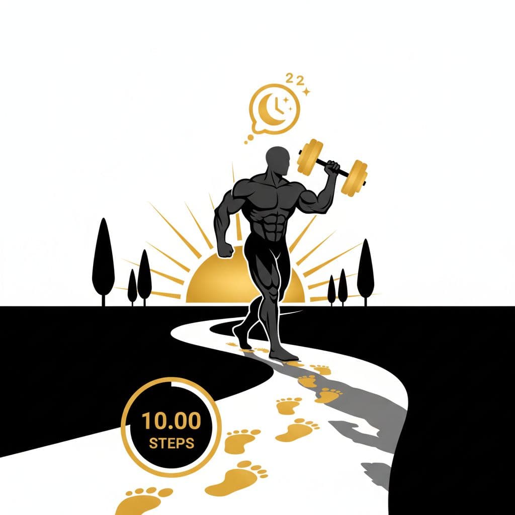 Bold vector illustration of a muscular male silhouette power walking at dawn, featuring integrated icons for 10,000 steps trail, 8-hour sleep clock, and balanced barbell weights in high-contrast black-white with gold accents for fat loss and bodybuilding theme.