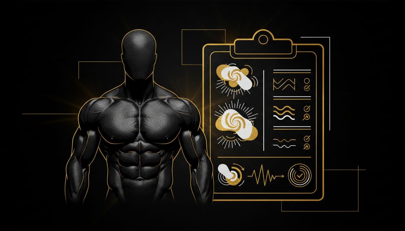 A bold realistic bodybuilding illustration of a muscular torso silhouette versus abstract body feedback markers.