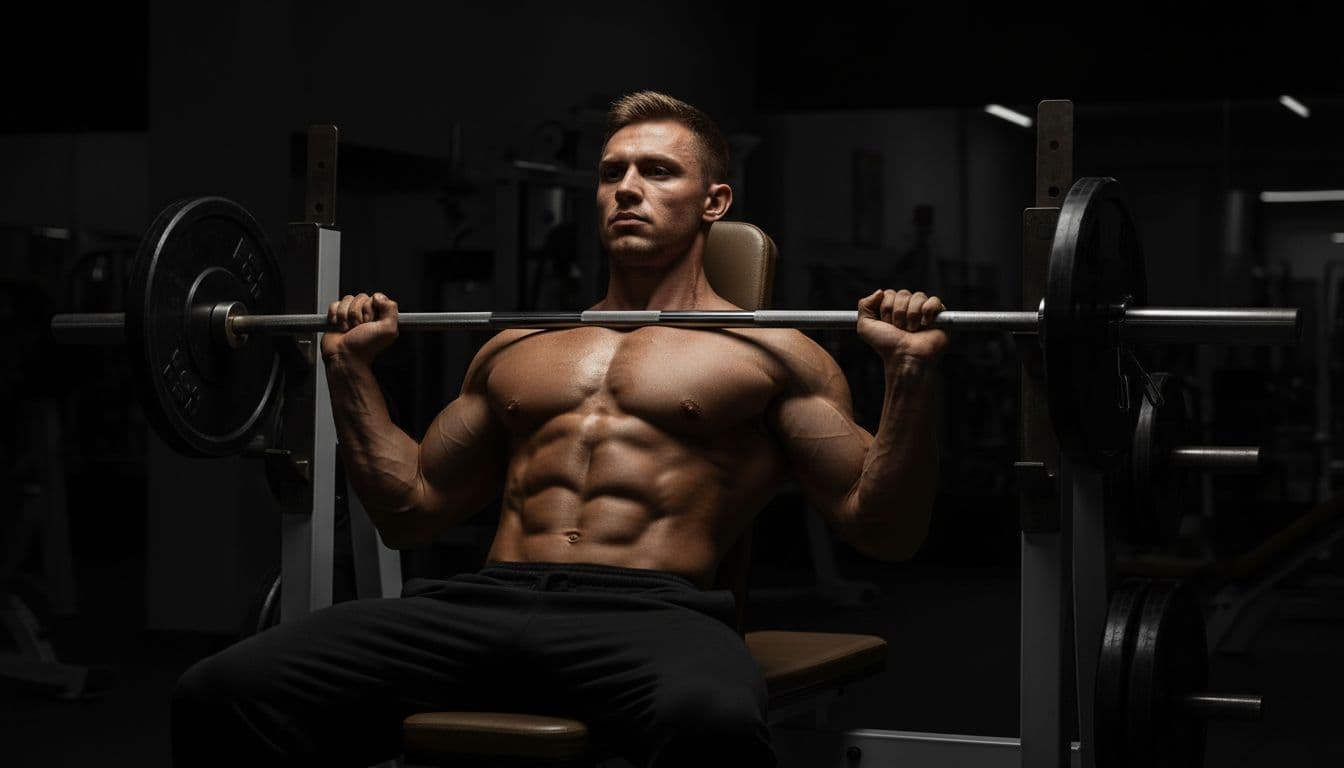 Muscular male bodybuilder mid bench press on flat bench in dimly lit gym, showcasing perfect form with chest puffed out, elevated ribcage, retracted shoulders, 45-degree elbows, and controlled barbell descent to mid-chest.