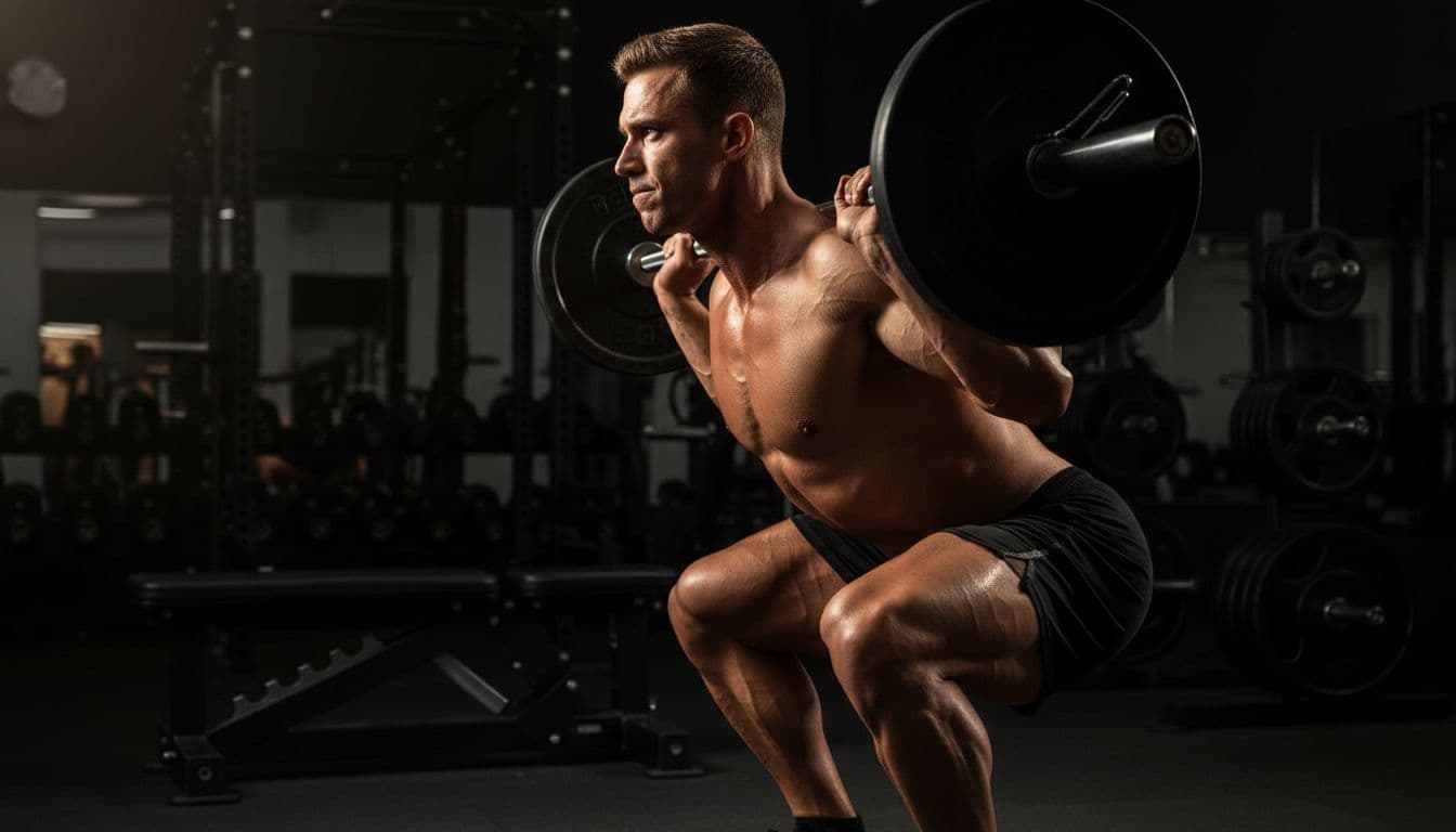 Muscular man performing deep front squat with perfect form in dimly lit gym, emphasizing quad stretch, control, sweat, and intense focus from side angle.