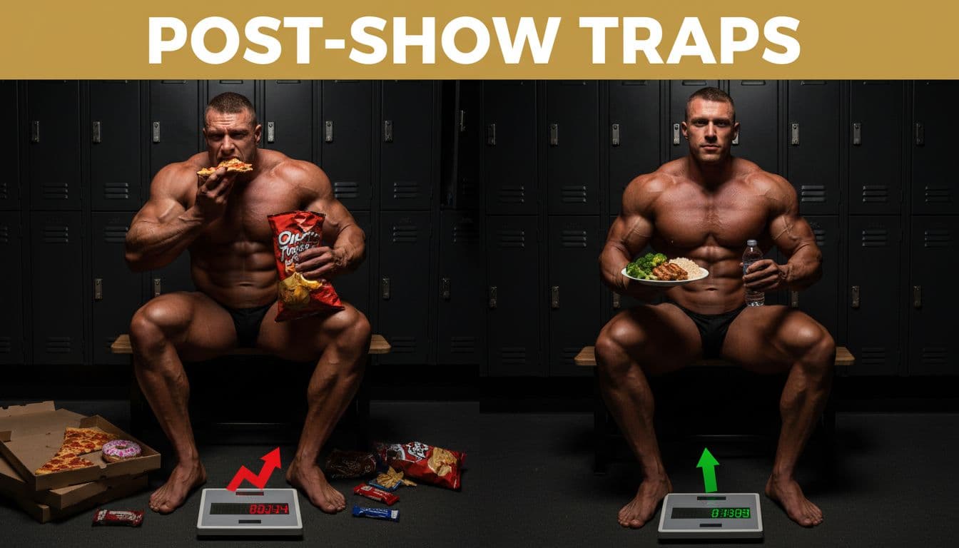 Split composition of a muscular male bodybuilder in stage condition right after a show in a gym locker room: left side binge eating junk food with bloated face and spiking scale, right side controlled reverse diet with clean meals, energized appearance, and stable scale; dramatic high-contrast lighting.