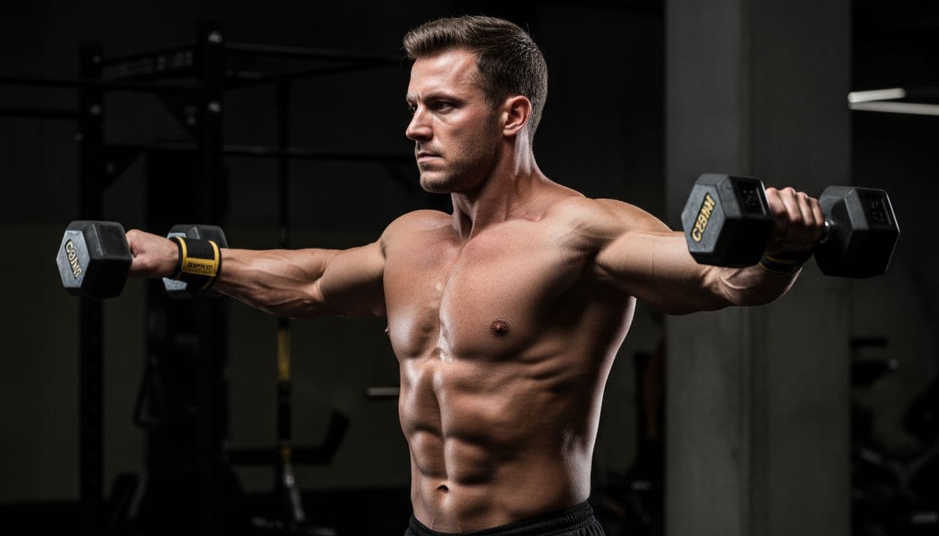 Muscular man in professional gym executing perfect controlled lateral raise with moderate dumbbells, strict upright form and full side delt tension, side view closeup on upper body. Realistic high-contrast photo emphasizing intense bodybuilding focus against black charcoal background.
