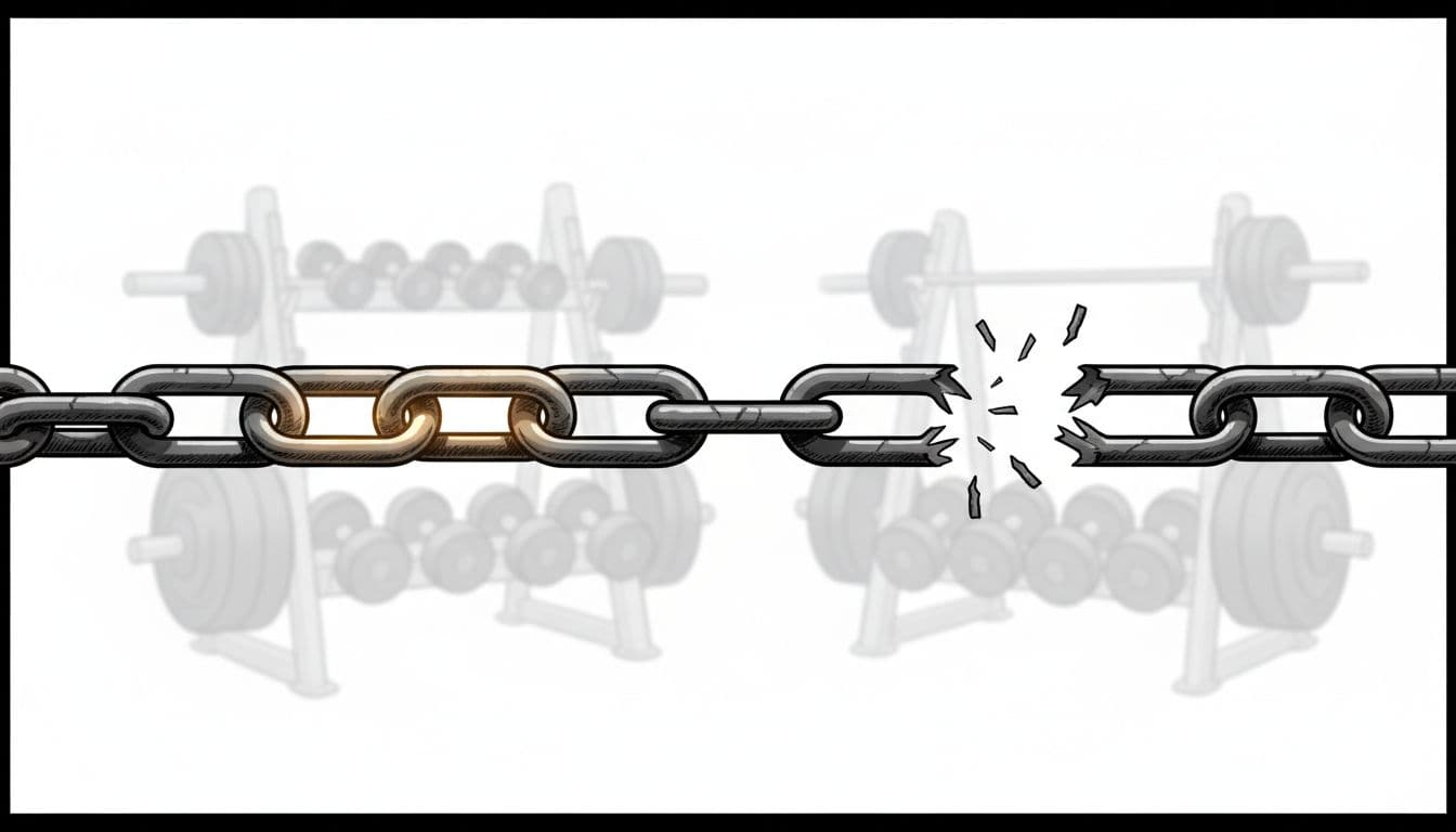Simple realistic illustration of a strong unbroken chain link glowing in gold contrasted with a broken chain, symbolizing sustainable discipline versus willpower failure, on a faint gym background with weights, in high-contrast black, white, charcoal, and gold palette.