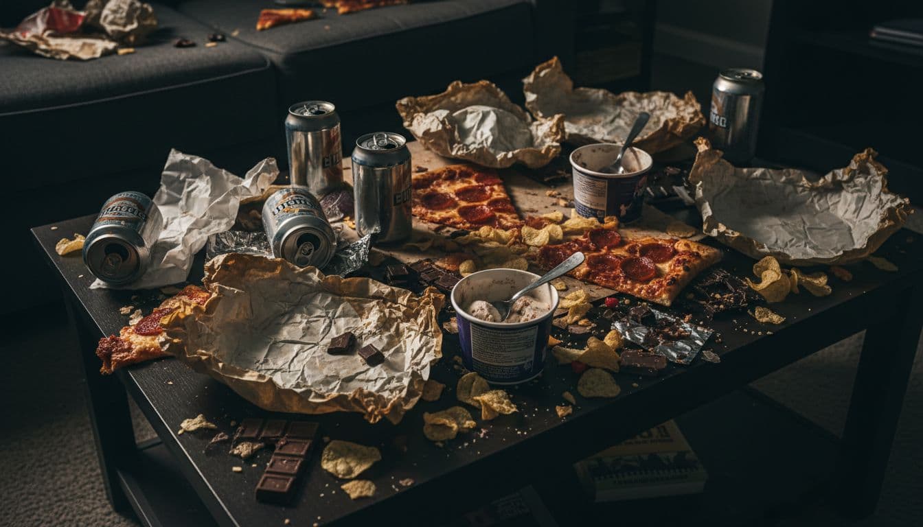 Realistic close-up of a coffee table cluttered with remnants of a messy junk food binge, including crumpled burger wrappers, half-eaten pizza slices, empty beer cans, candy bar scraps, ice cream tub, and scattered chips in dim lighting with gritty shadows.