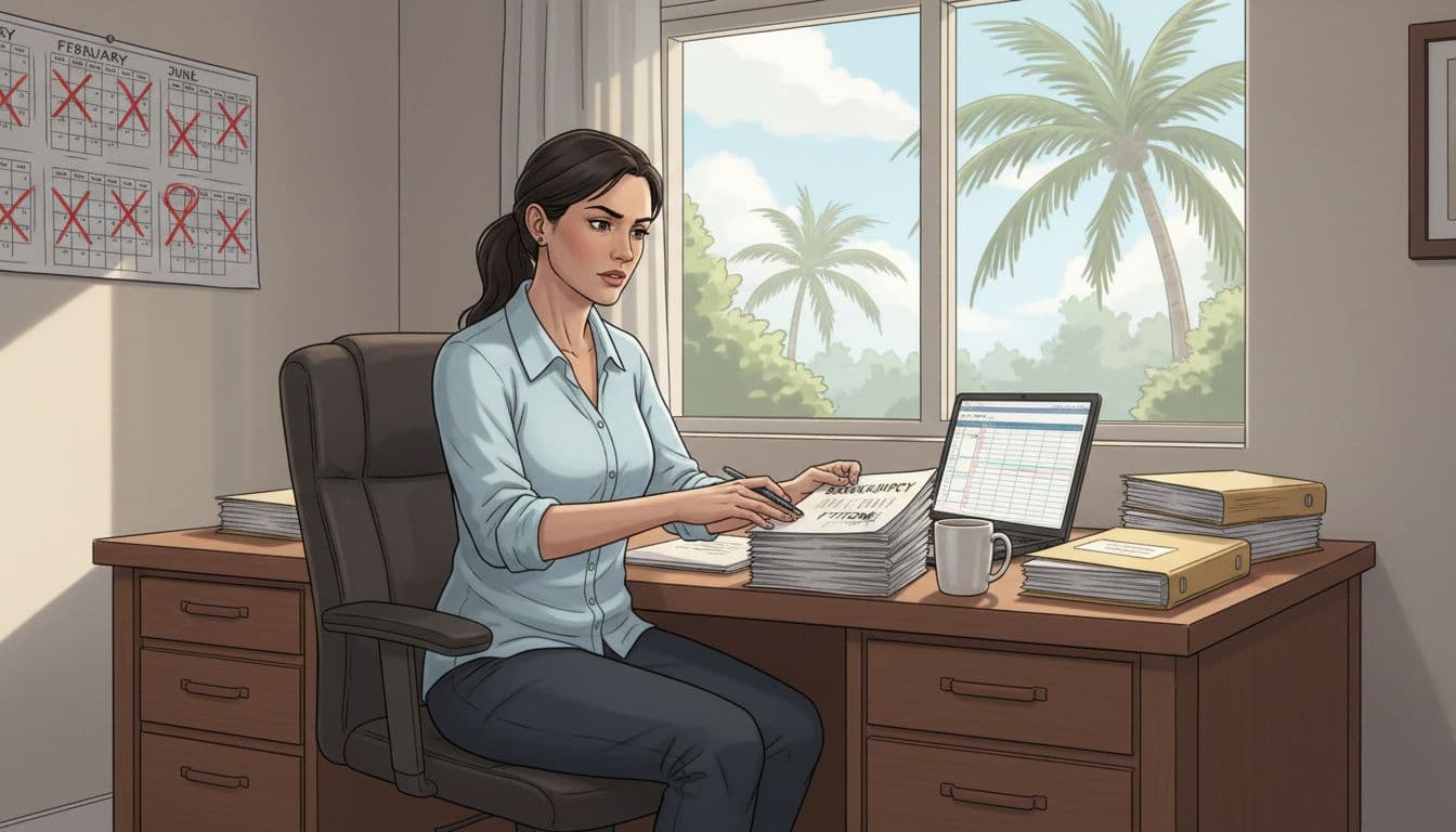 A realistic illustration of a person reviewing bankruptcy paperwork at a desk in a Florida home office with palm trees outside the window and a calendar on the wall showing months passing, visualizing the waiting period in the Chapter 7 process.