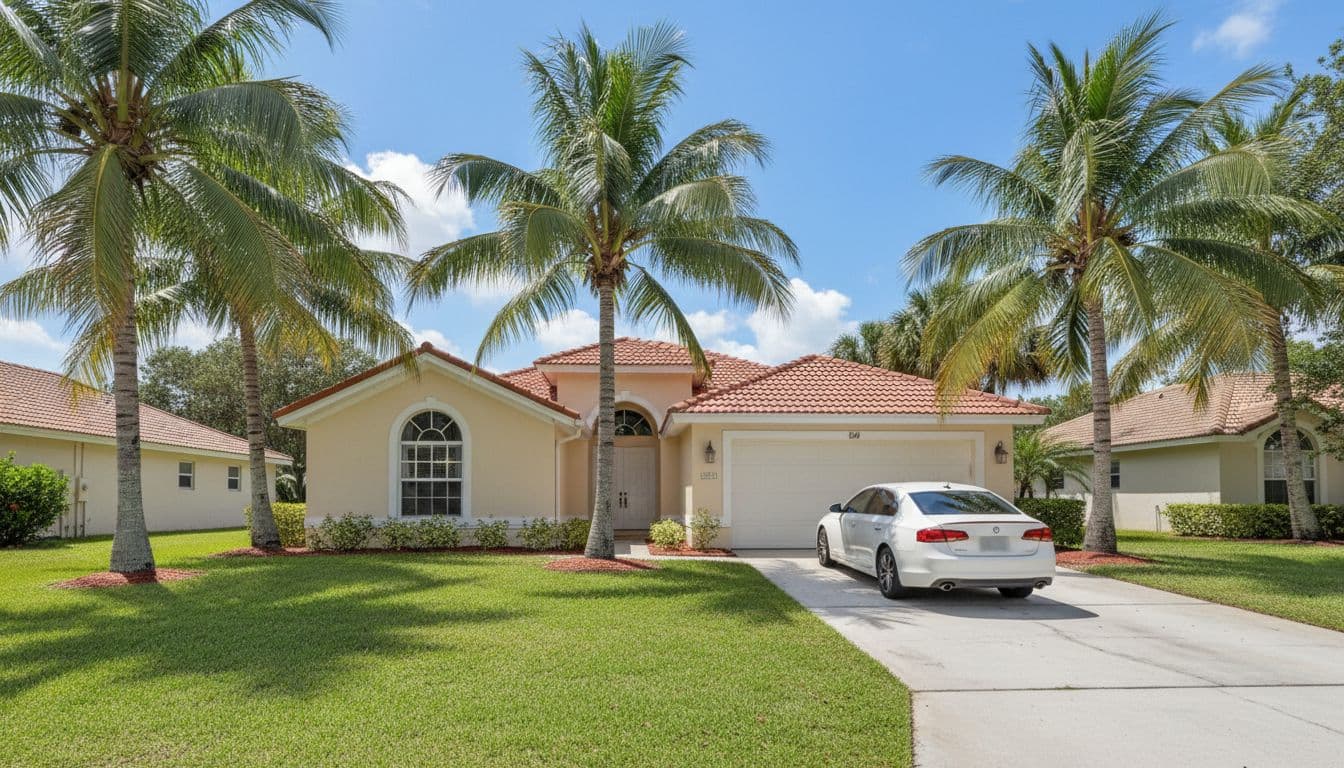 Photorealistic wide-angle view of a sunny Florida suburban home exterior featuring palm trees, lush green lawn, and a car parked in the driveway, illustrating protected homestead and vehicle assets under Florida Chapter 7 bankruptcy exemptions. Bright natural sunlight illuminates the scene with no people, text, or watermarks.
