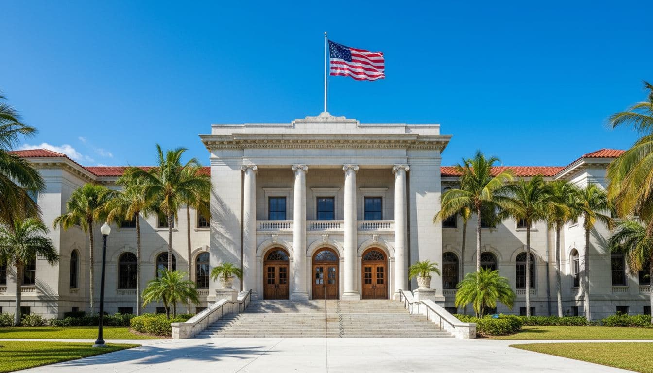 Exterior of a Florida courthouse in bright sunny weather, American flag flying prominently, steps leading to the entrance, empty foreground, realistic photo in wide landscape composition with no people or text.