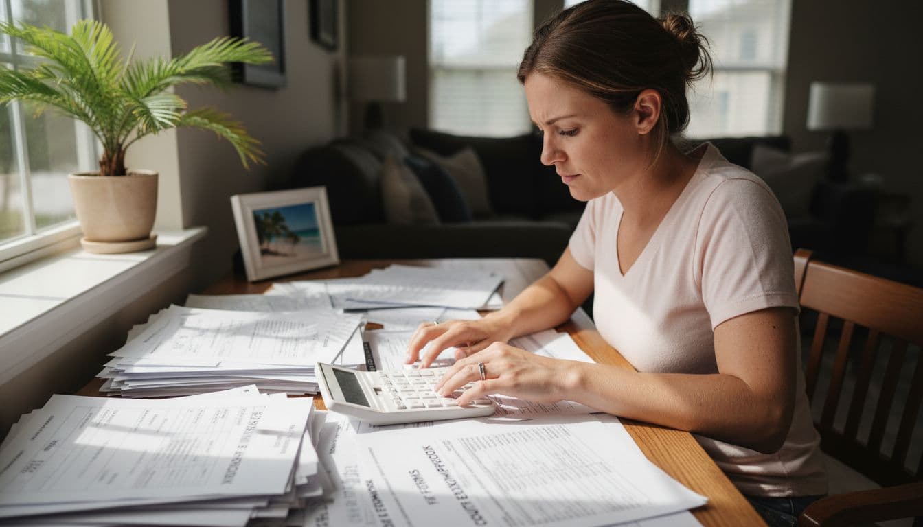 A focused Florida resident at a home desk organizes pay stubs, tax forms, and court exemption paperwork using a calculator, illuminated by natural daylight from a window in realistic photo style.