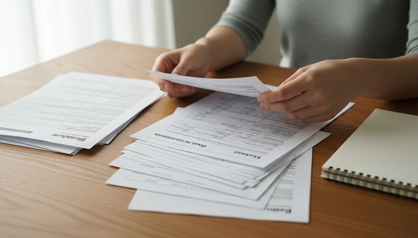 A close-up view of two hands organizing stacks of financial documents including bank statements, tax returns, pay stubs, and debt letters on a wooden desk in a home office, illuminated by natural daylight.