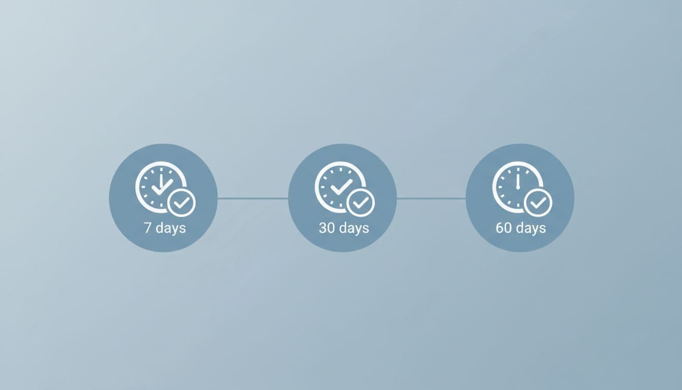 Clean simple timeline graphic showing 7 days, 30 days, 60 days icons with checkmarks and clock motifs in soft blue tones on a neutral background. Minimal infographic design with exactly three time markers, no text, people, or extra elements.