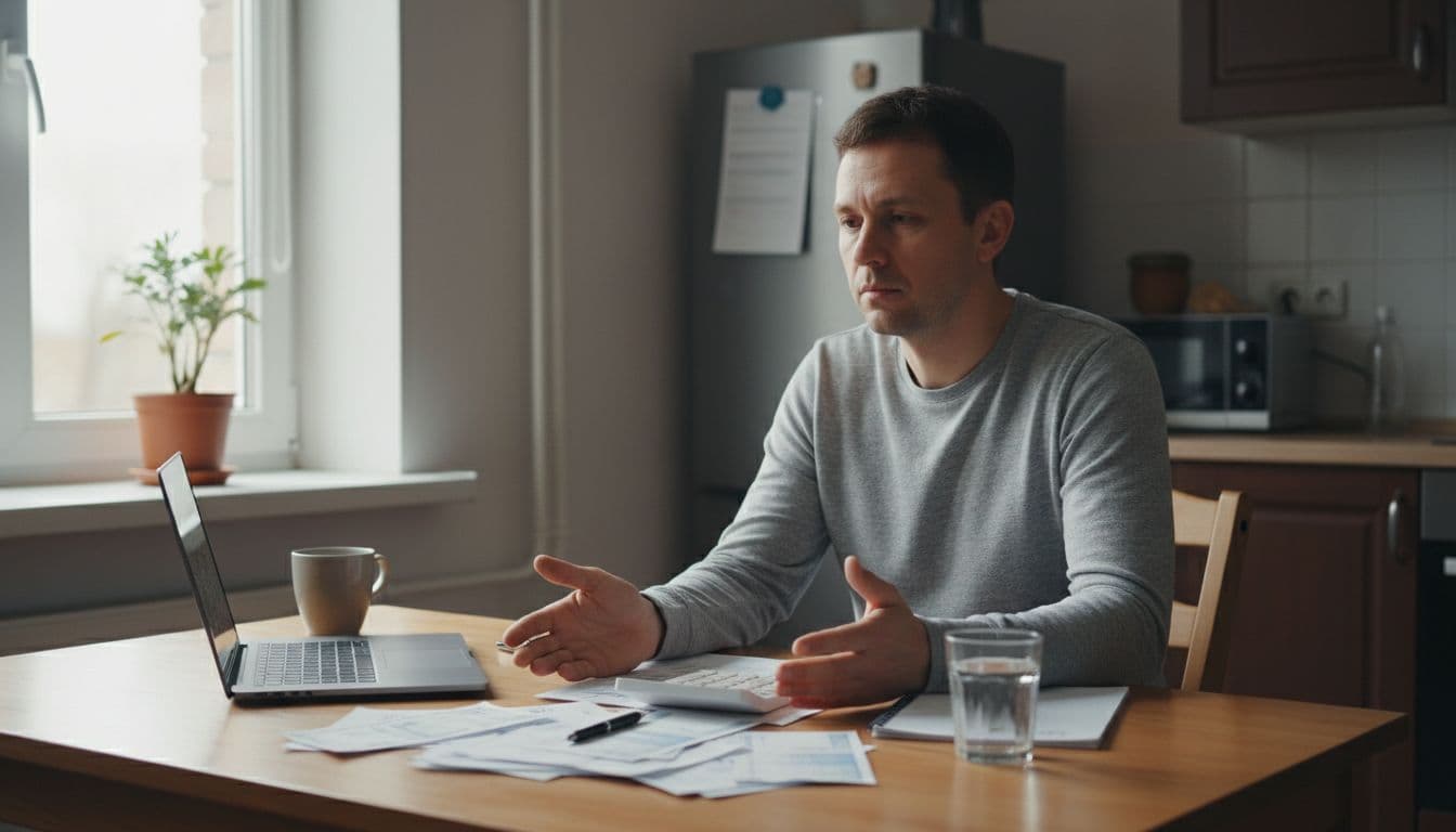 A single adult sits at a kitchen table with bills and a calculator, looking thoughtful in a simple daytime home setting with soft natural light.