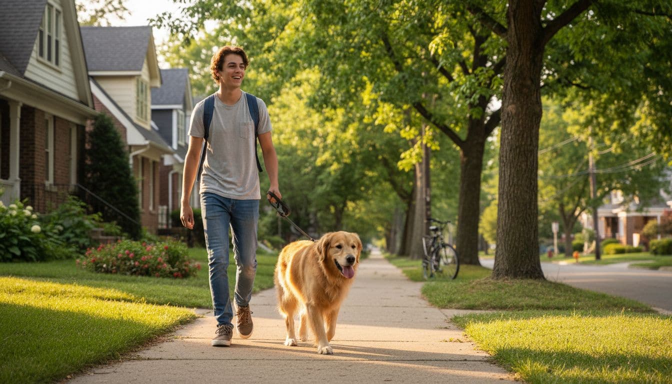 A young student with a backpack walks a friendly golden retriever on a sunny neighborhood sidewalk, illustrating a dog walking side hustle that fits around classes.