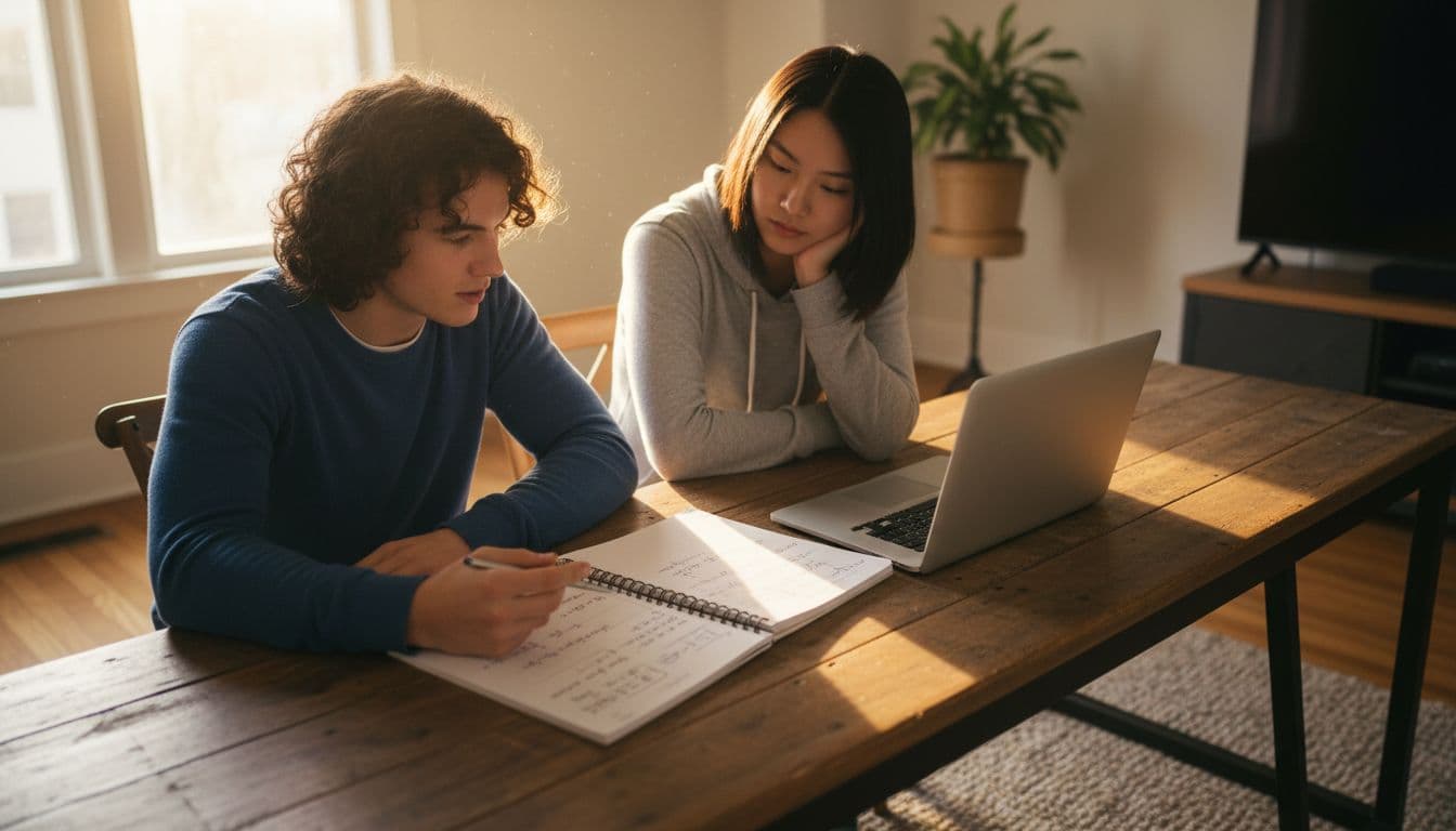 Two young students aged 18-22 at a wooden desk in a bright living room, one explaining math problems from a notebook while the other listens attentively, with a laptop nearby.