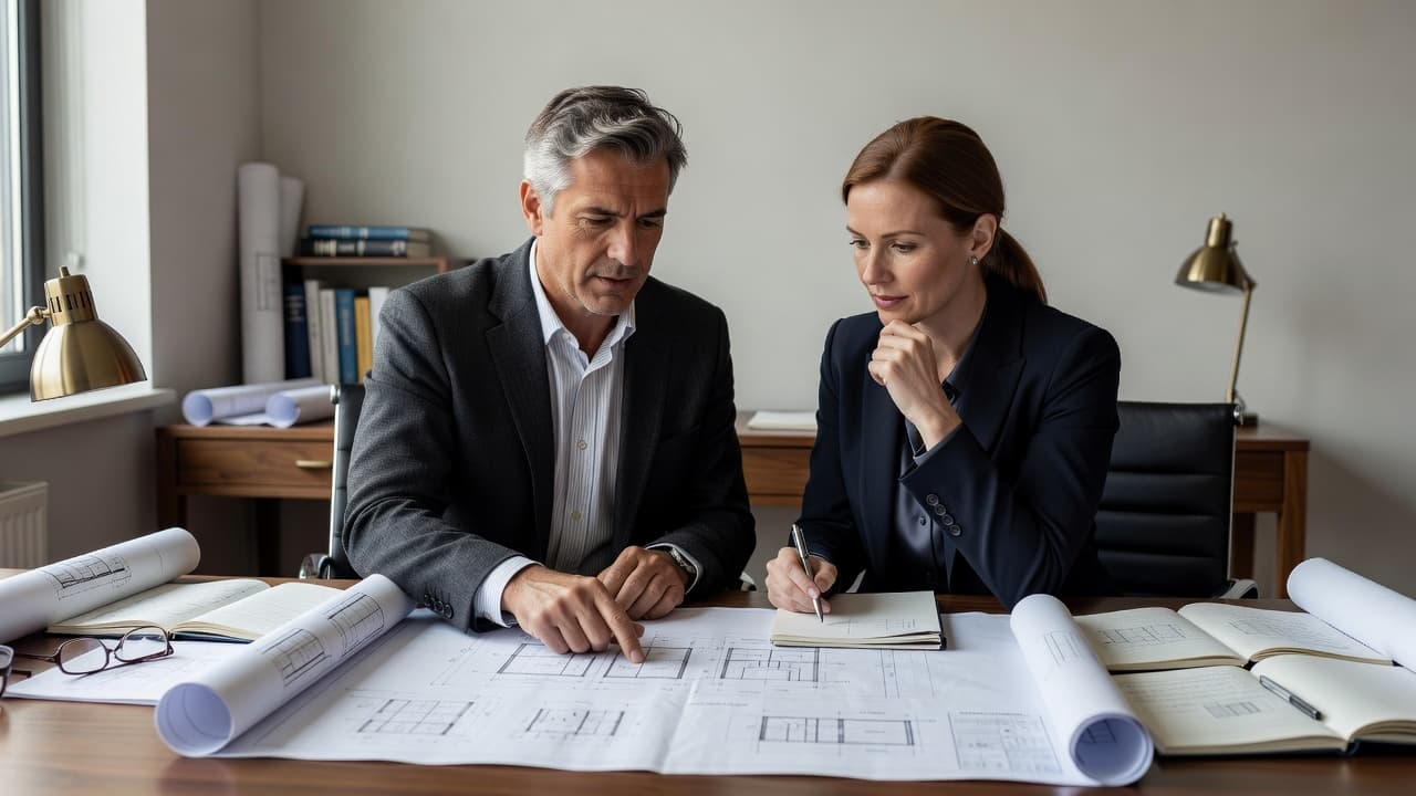 Two colleagues lean over a large drafting table while inspecting detailed technical sketches. The soft ambient lighting illuminates their workspace as they engage in a focused collaborative strategy session together.