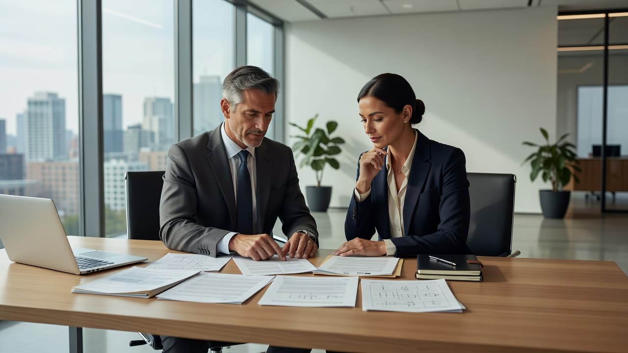 A patent attorney and a business client sit across from each other at a sleek table, reviewing detailed legal documents. Soft window light illuminates their faces in a modern office space.