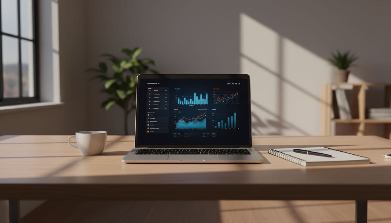 Clean modern office desk with laptop showing blurred marketing analytics dashboard, notebook, and coffee cup.
