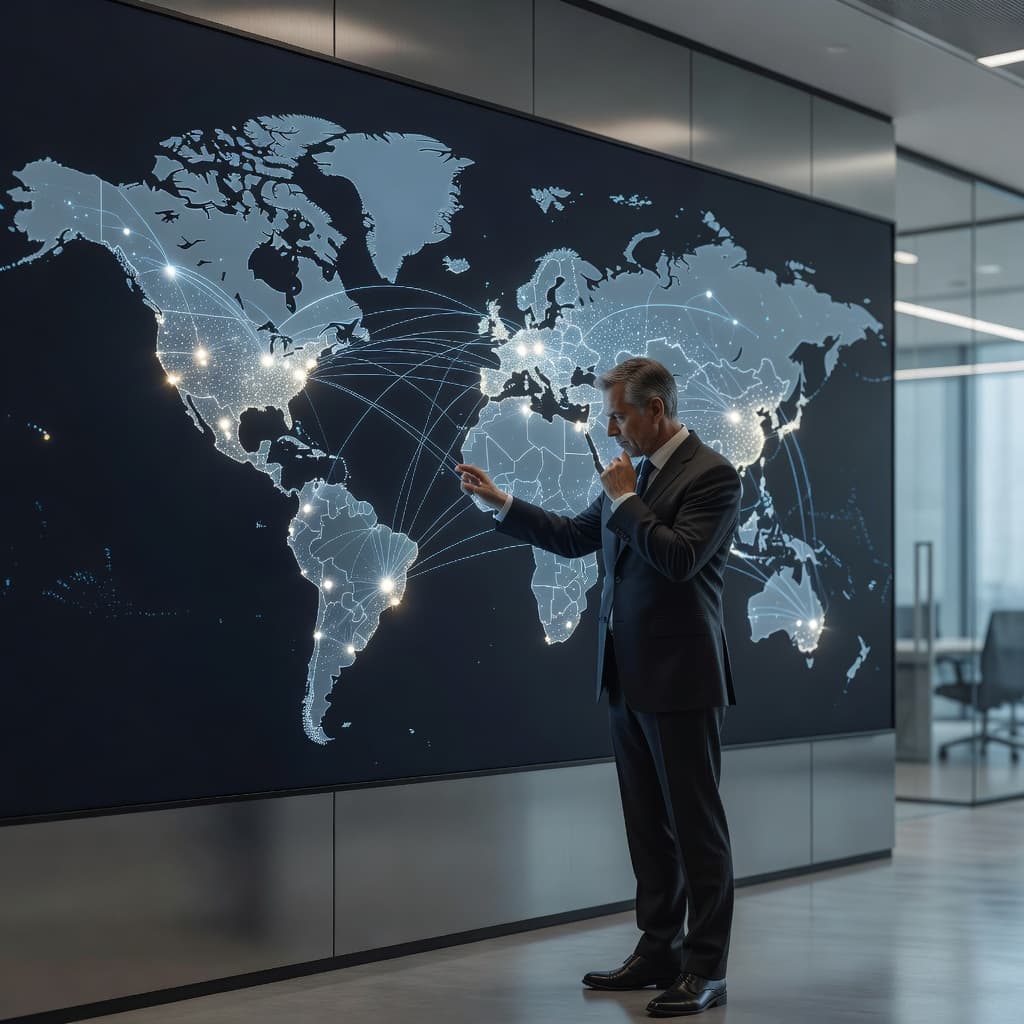 A professional stands before a vast, glowing wall map that features illuminated markers across several continents. The soft office lighting highlights the intricate lines connecting different regions of the world.