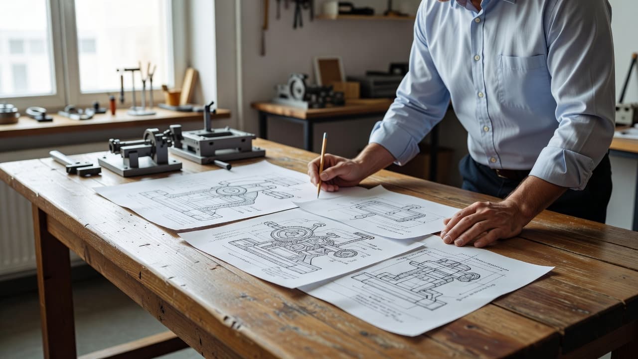 An inventor sits at a polished wooden desk, reviewing technical mechanical sketches under soft natural light. The frame highlights hands resting near complex drafting diagrams in a bright, professional workspace.