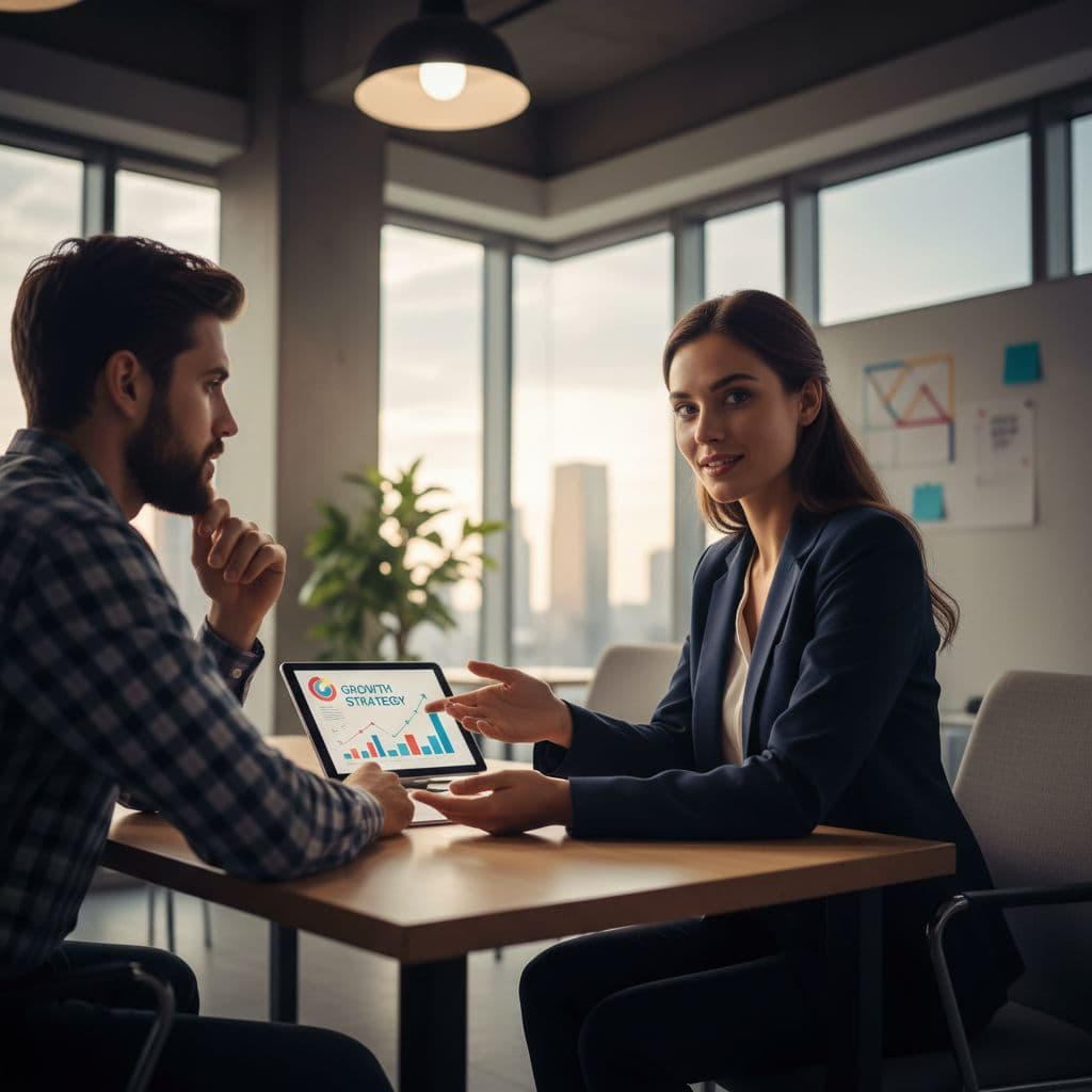 Marketing consultant and small business owner review strategy on tablet in modern office.