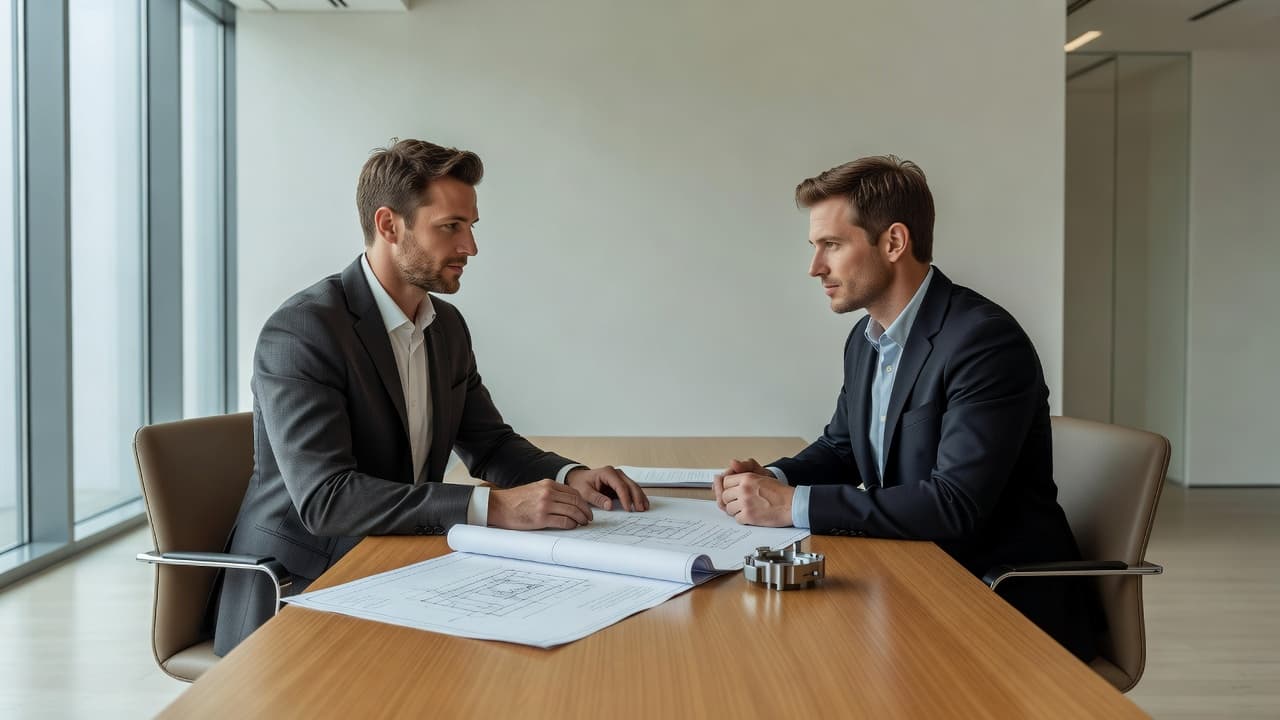 A patent attorney and client sit at a clean wooden desk reviewing technical blueprints and a small metal mechanical component. Soft natural light fills the professional, clutter-free legal office setting.