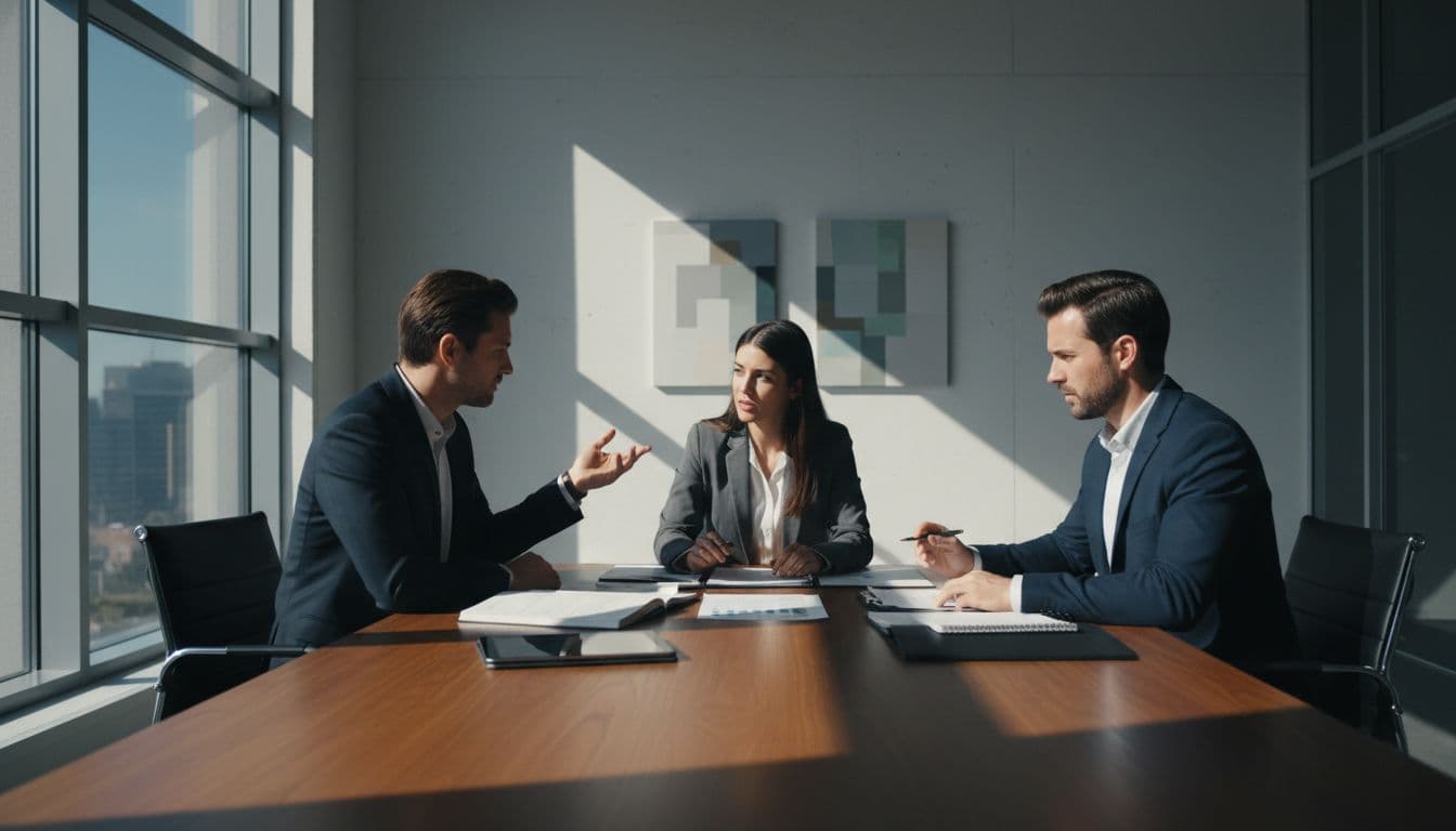 Three professionals sit around a wooden table discussing documents in a minimalist conference room.
