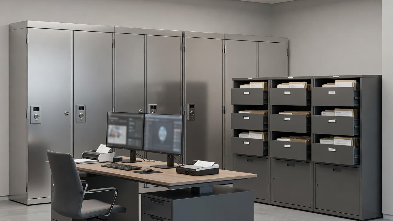 A minimalist desk sits beside heavy-duty metal storage cabinets in a quiet workspace. Meticulously organized documents and secure technical gear highlight a focus on privacy within this calm, high-end environment.