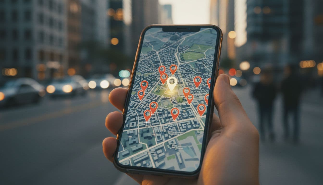 Close-up of smartphone screen showing map with pins, held in busy city street.