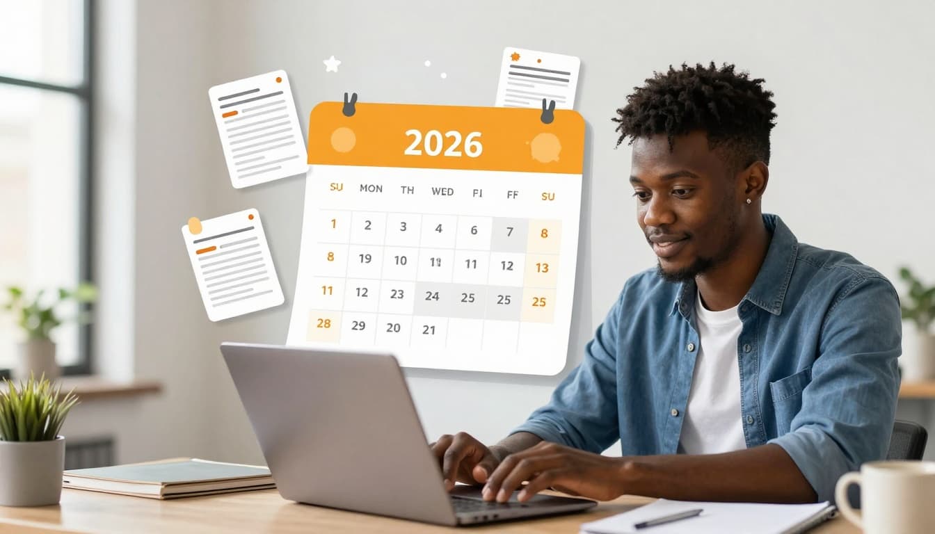 Scholarships for Nigerian Students Fully Funded | Chevening 3 Calendar showing 2026 deadlines with scholarship application forms icons floating around, Nigerian student checking laptop nearby, clean modern office setting, illustrative style with bright accents, motivational mood, high quality, no text.