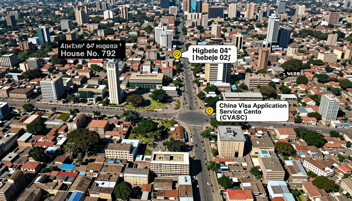 Illustrative aerial view map of Addis Ababa, Ethiopia, marking the Chinese Embassy on Jimma Road and the China Visa Application Service Center in the city center, with surrounding streets and landmarks on a sunny day.